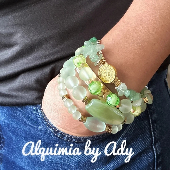 Gold hematite bright Green Aventurine beaded bracelet /fall vibes oversized - Picture 2 of 5